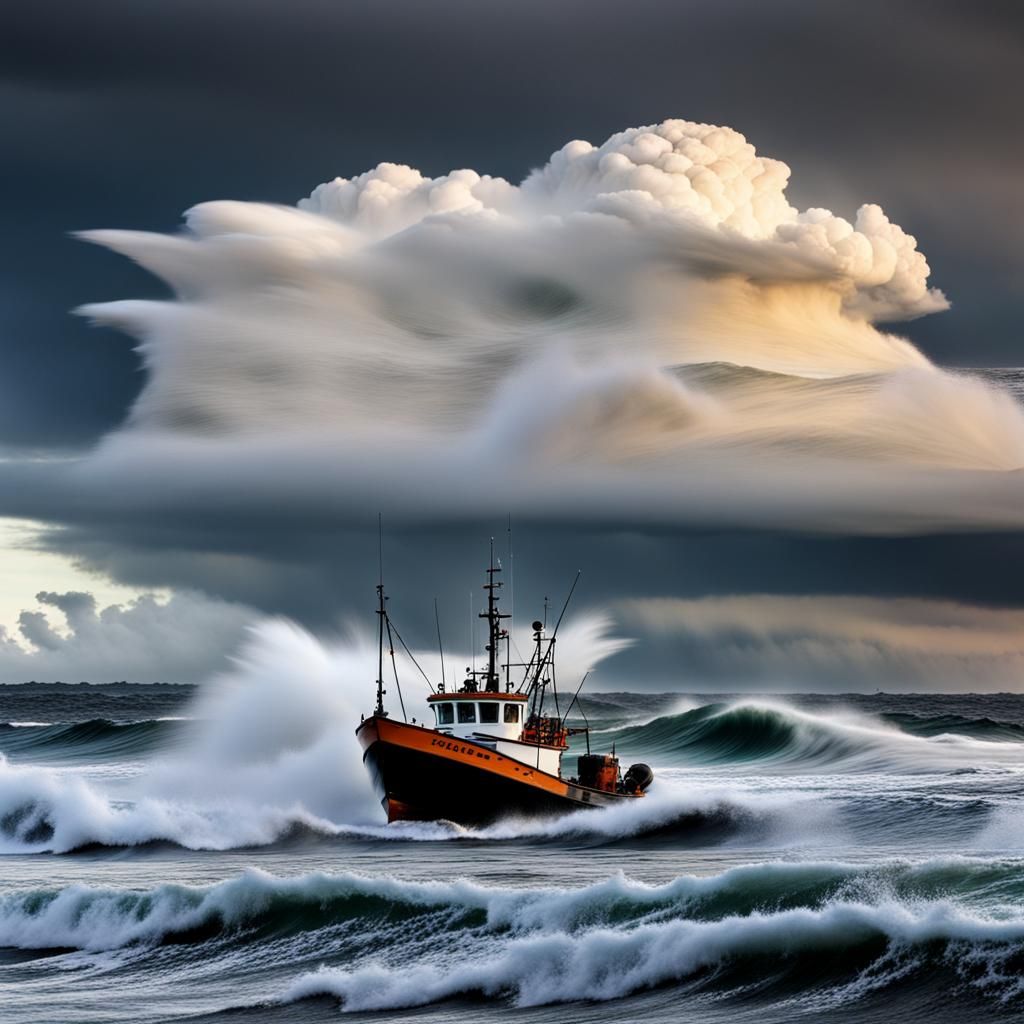 Stormy Seas: Fishing Boat Under Lenticular Clouds