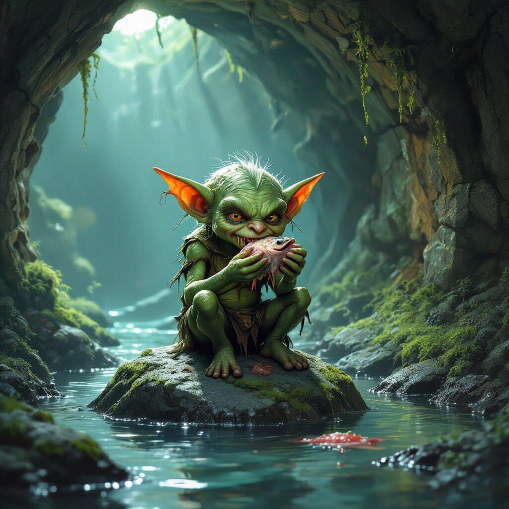 Creepy Goblin Eating Fish in Dungeon Stream