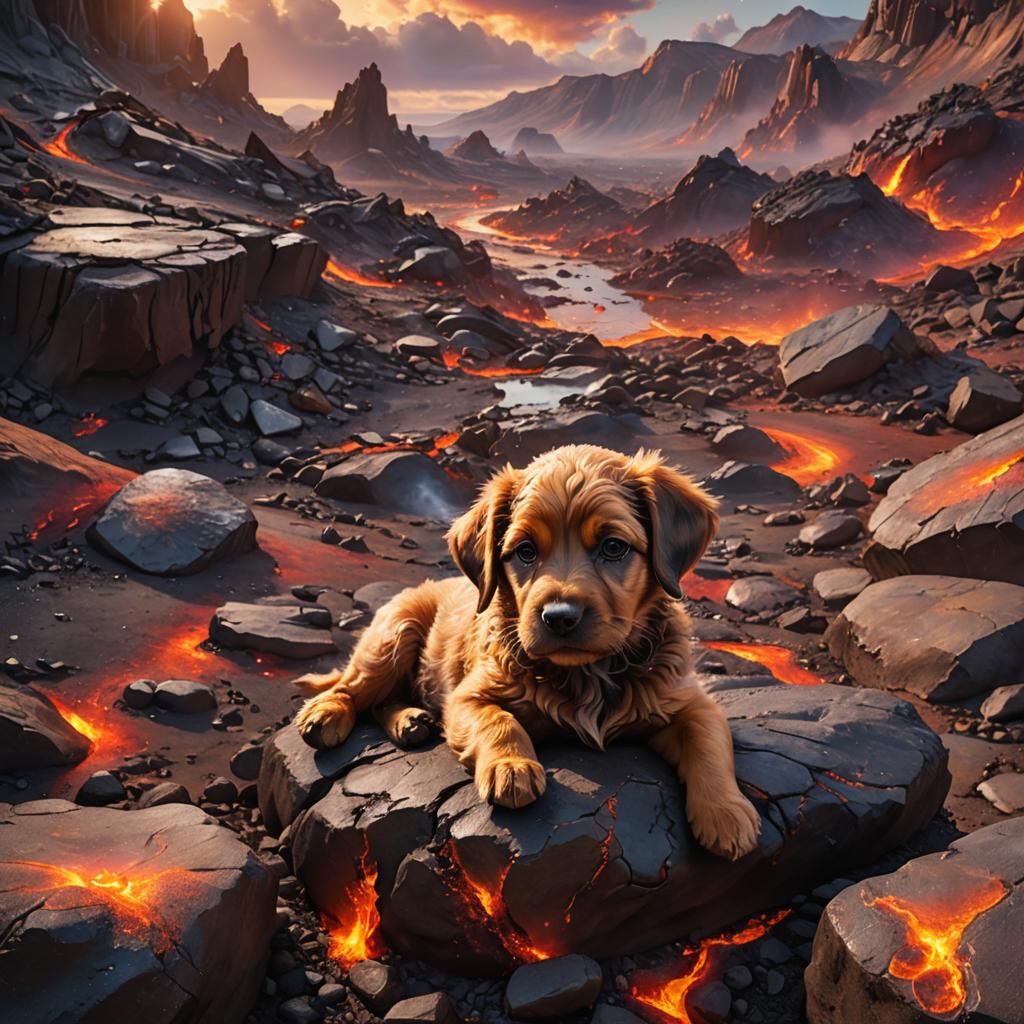 Injured Puppy in Surreal, Molten Landscape