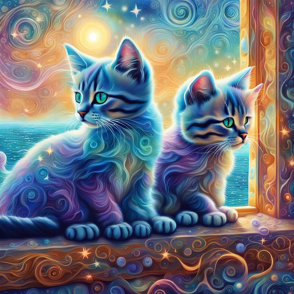Kittens Gaze at Sea in Surreal Astral Art