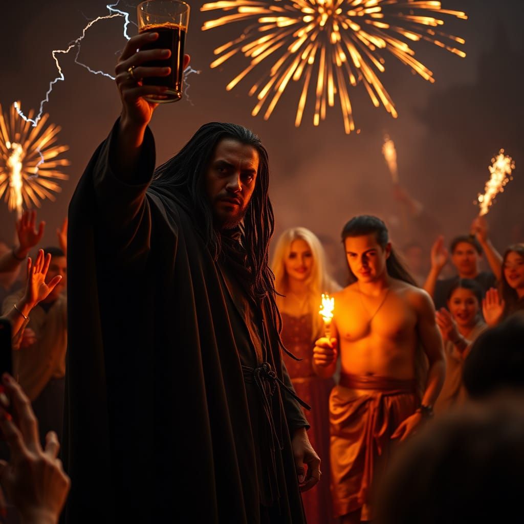 Epic Dark Figure Celebration in Ash Thorp Style