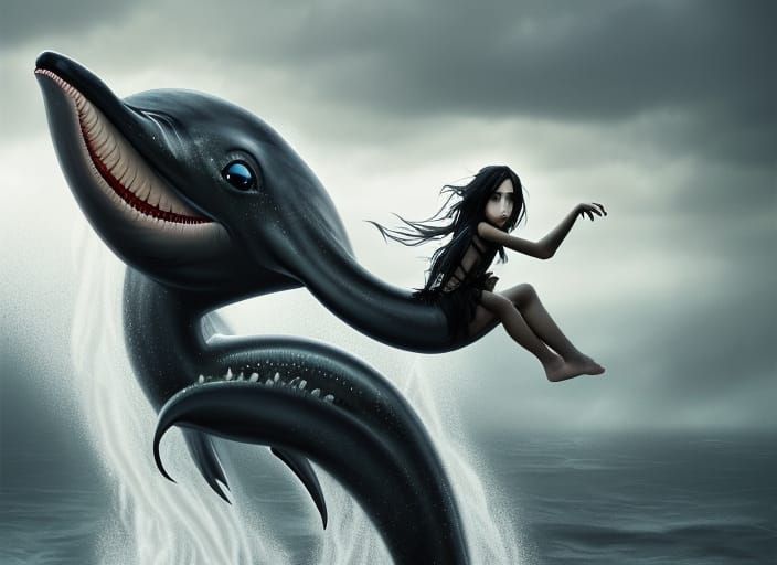 Girl toddler riding giant dolphin