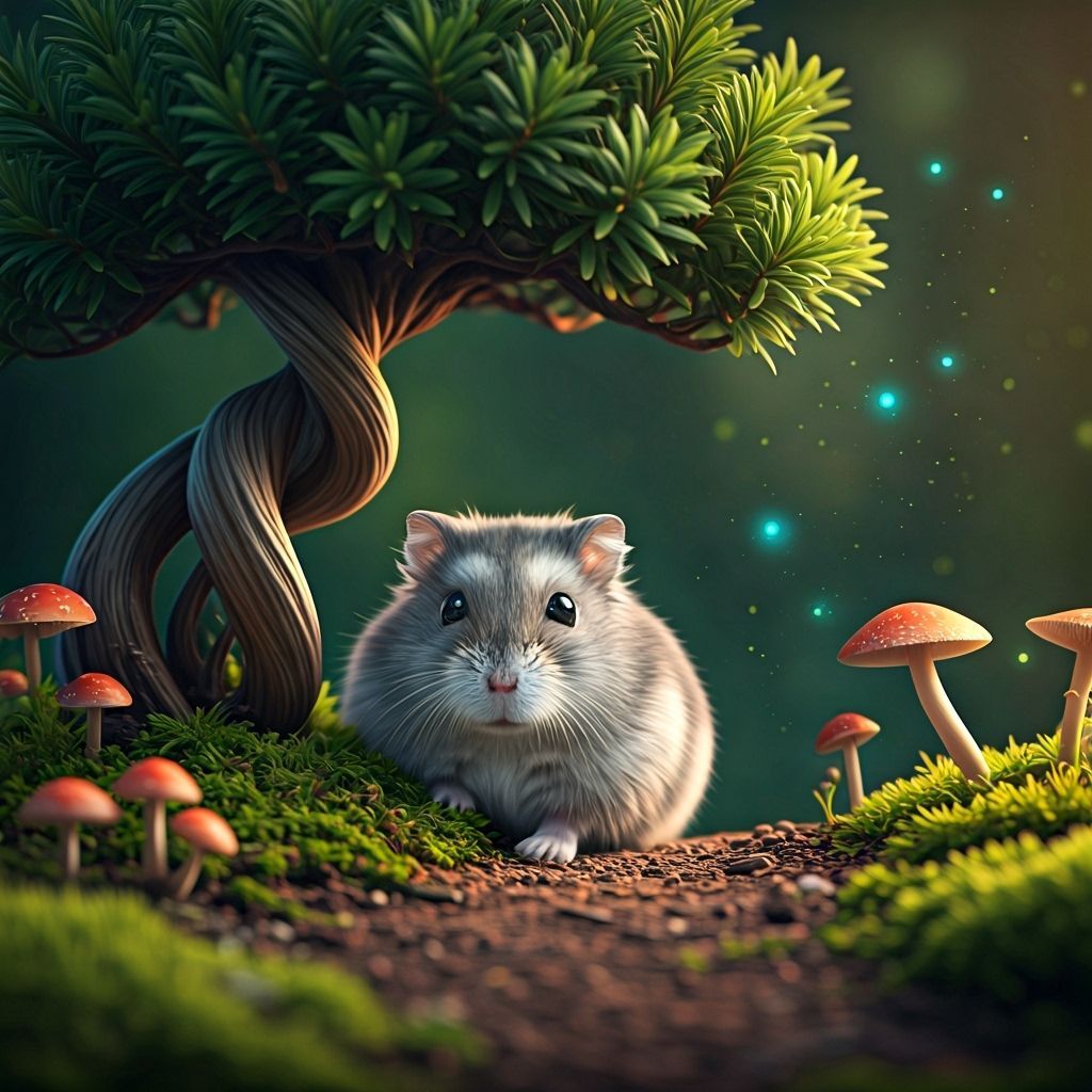 Whimsical Hamster in Miniature Forest, Fantasy Photography