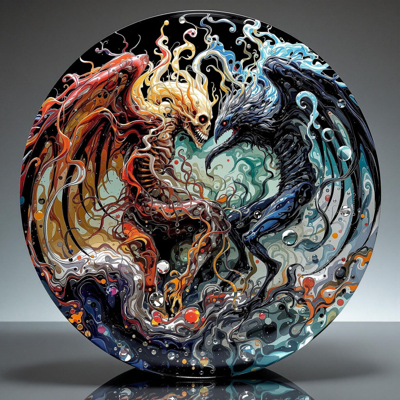 Intricate Blown Glass Dance of Ghoul and Vulture