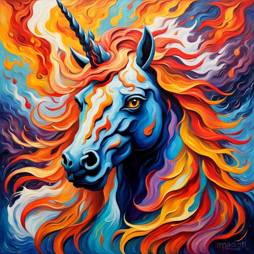 Flaming Unicorn Head in Expressionist Impasto Style