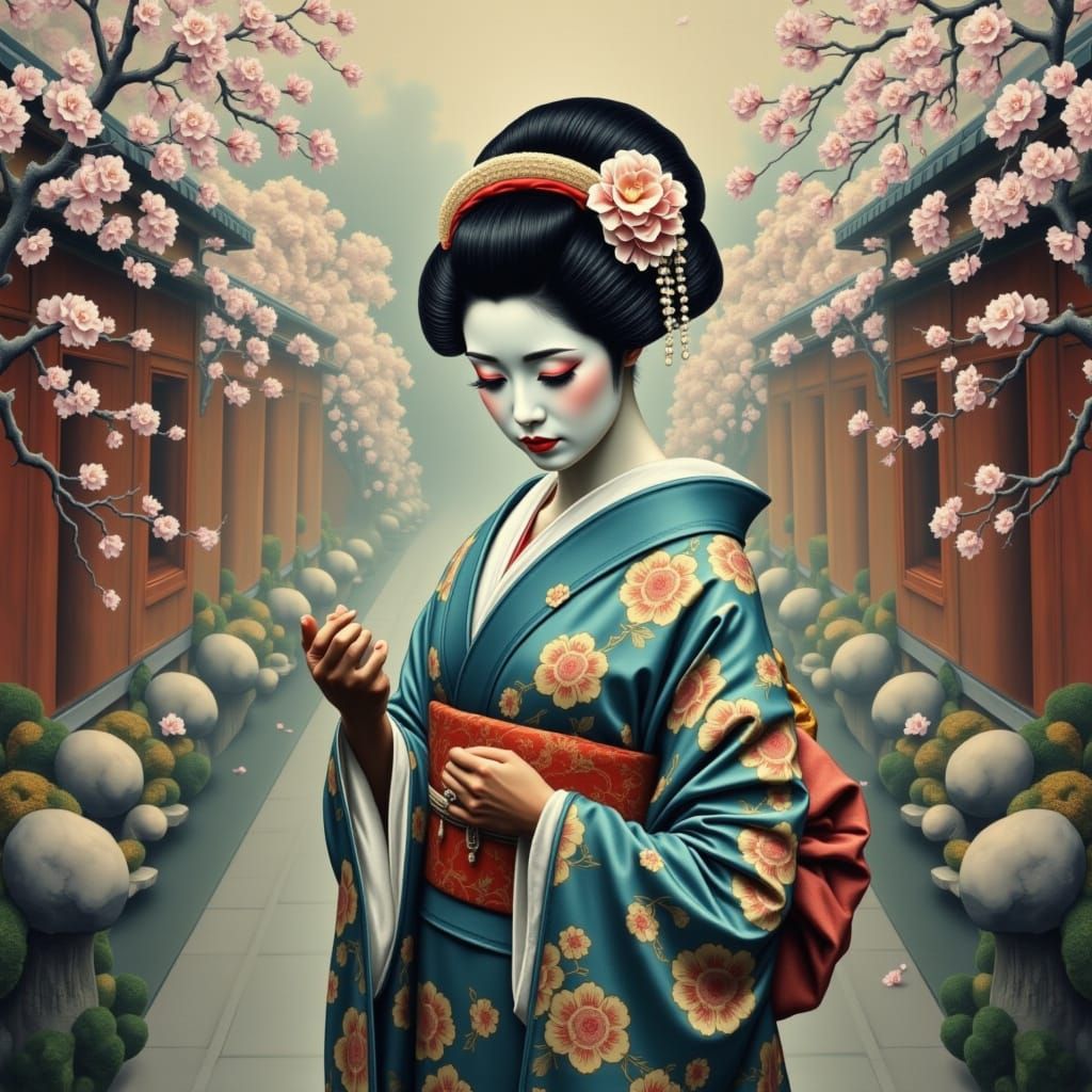 Whispers of a Forgotten Era: Pastel Geisha in Ancient Shrine