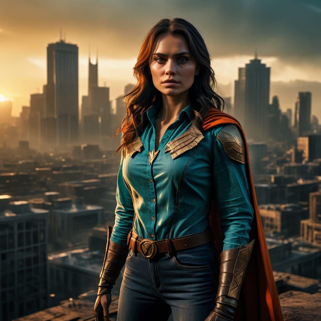 Dramatic Cityscape Heroine in Cinematic Film Still