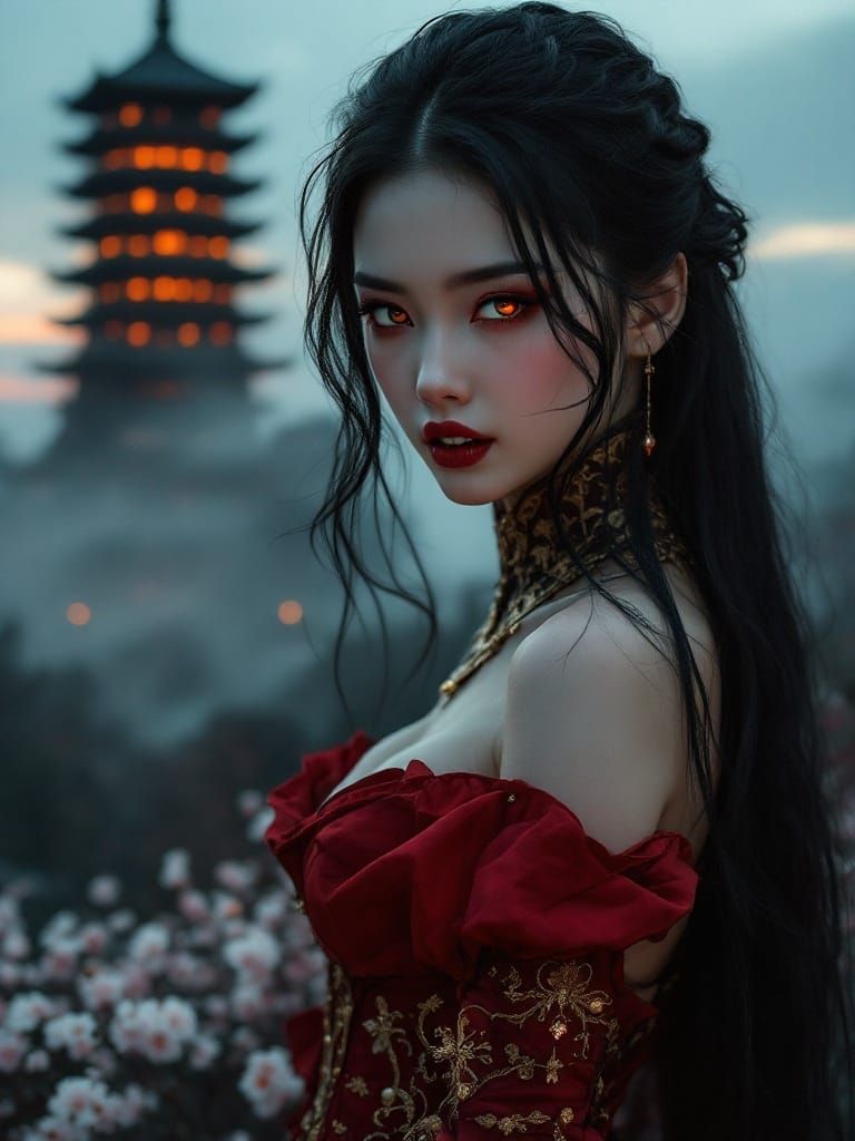 Ethereal Asian Vampire Maiden in Crimson Corset