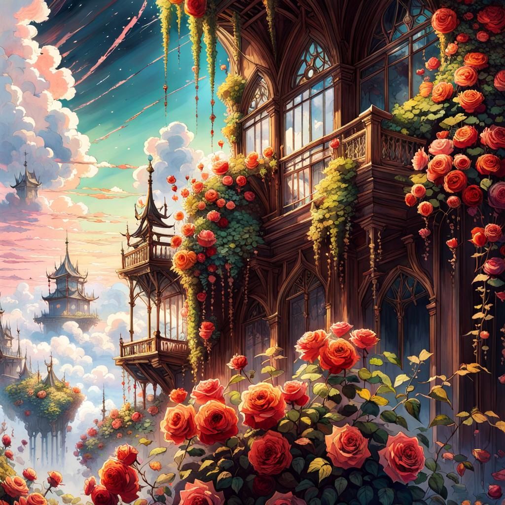 Rose Vines Above Clouds in Watercolor Style