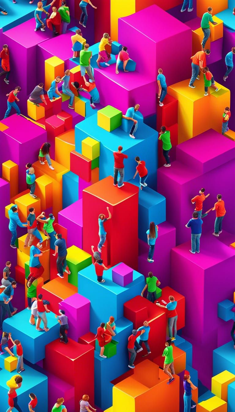 Parkour on Tetris Blocks in Isometric Digital Art