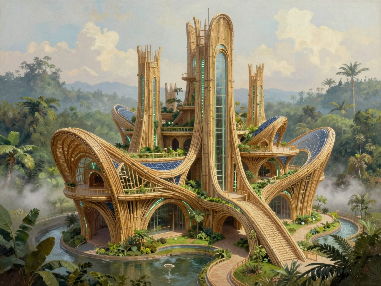 Futuristic Bamboo Eco-Castle in Tropical Landscape