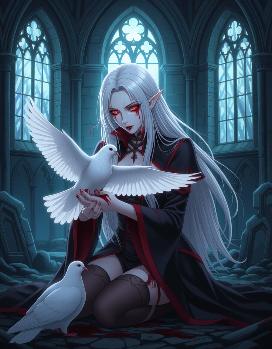Anime Vampire Tending to Dove in Eerie Forest