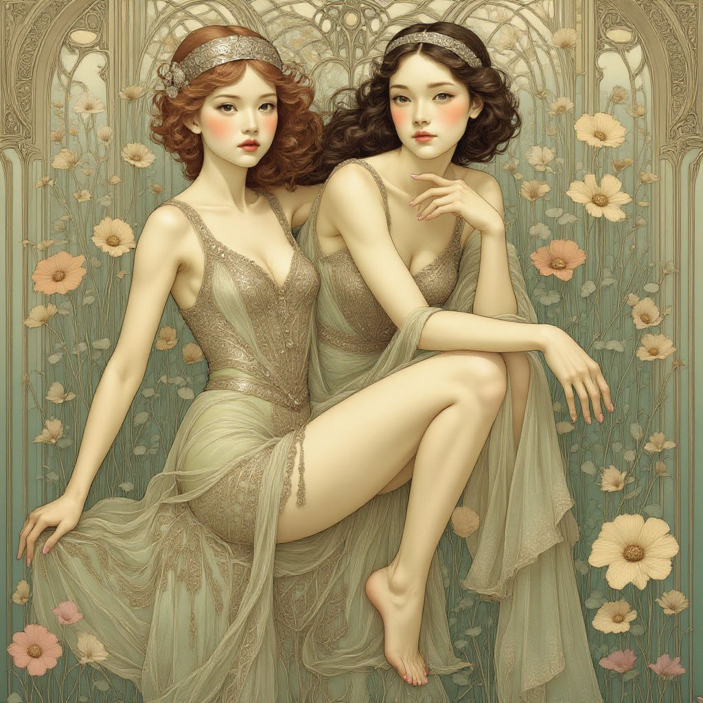 Art Nouveau Flapper Portrait in Pastel Colors