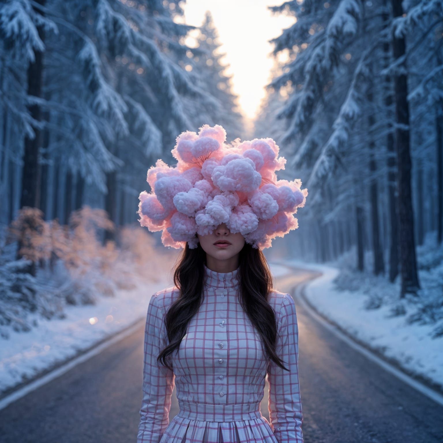 Mystical Forest Road with Woman in Pink Mist
