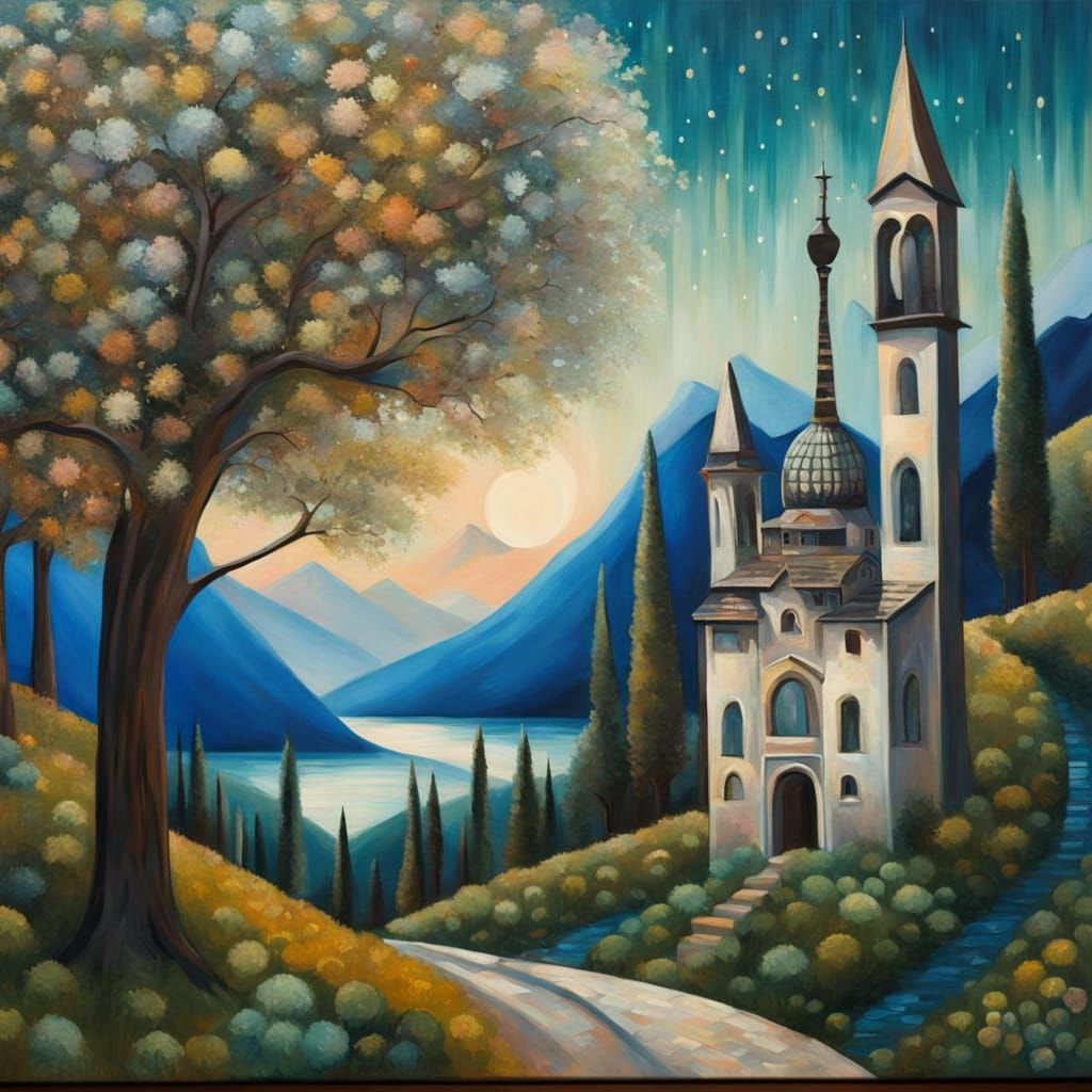 Vibrant Cubist Cherry Blossom Scene in Matisse Style