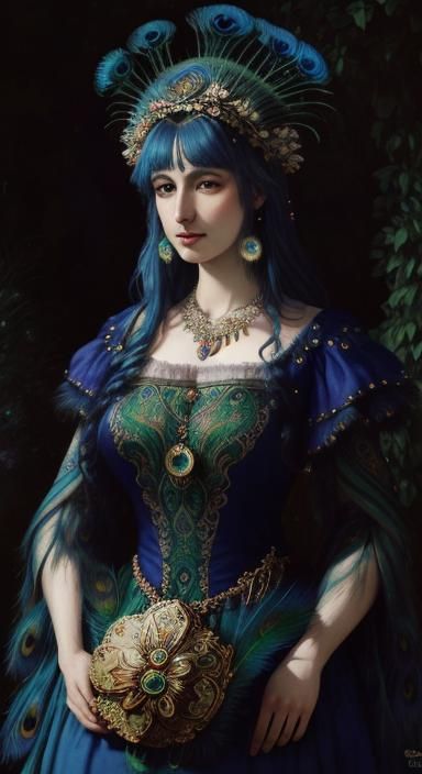 Peacock Feather Girl in Art Nouveau Style