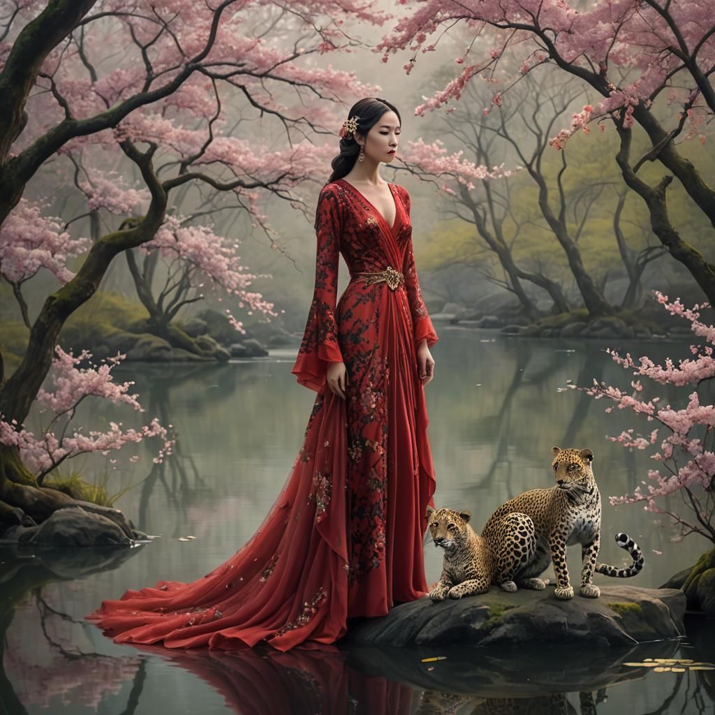 Mysterious Woman and Leopard in Enchanted Forest