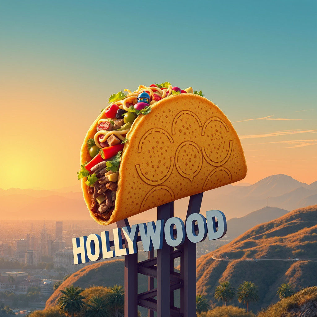 Giant Taco Topping the Hollywood Sign in Neon Style