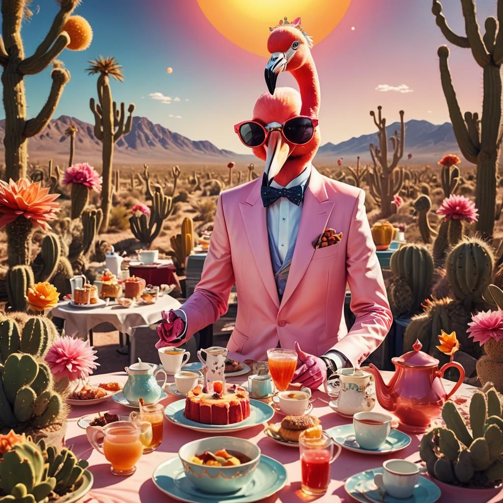Flamingo Hosts Desert Tea Party in Retro-Futuristic Art