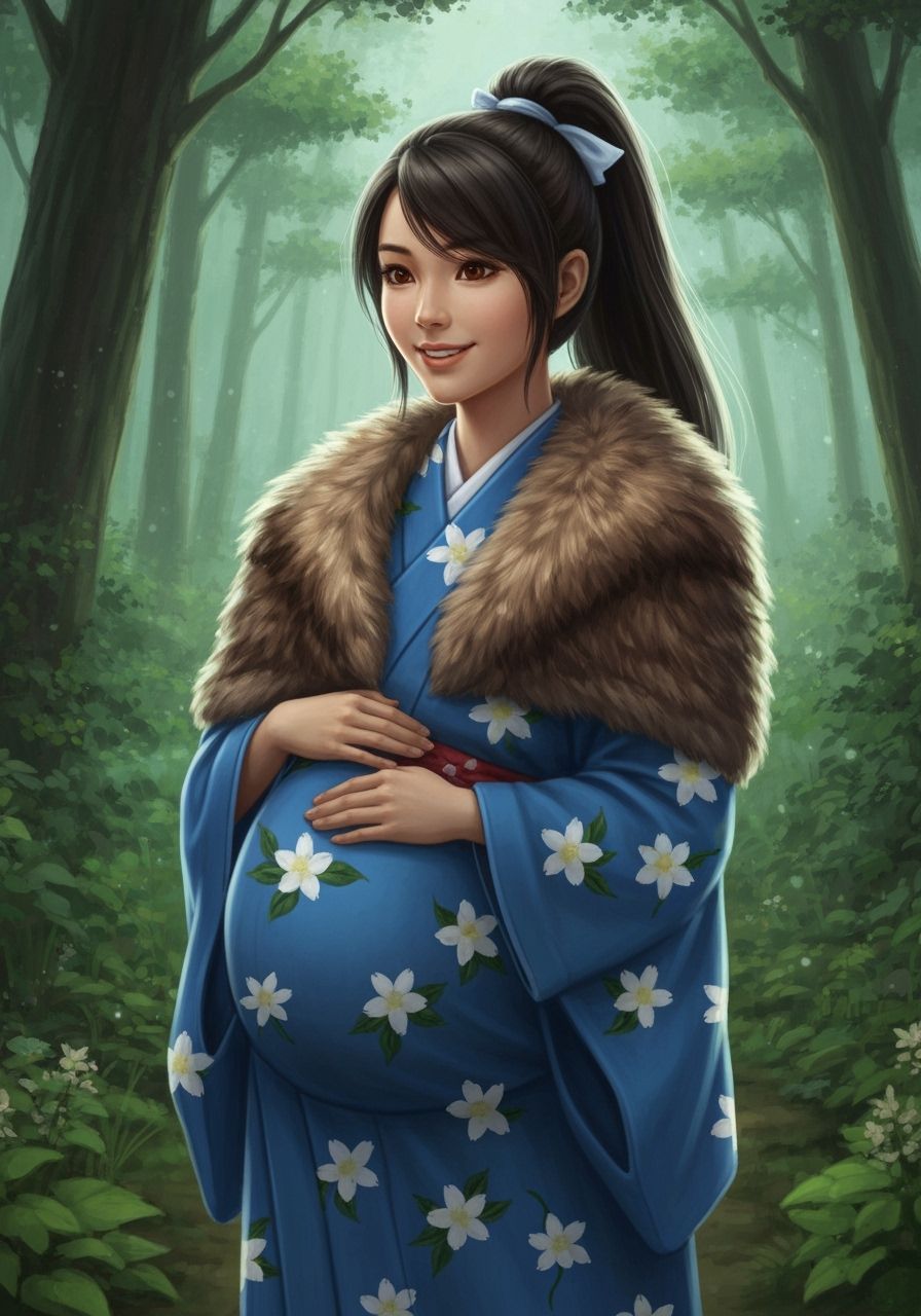 Pregnant Japanese Woman in Forest, Ethereal Fantasy Style