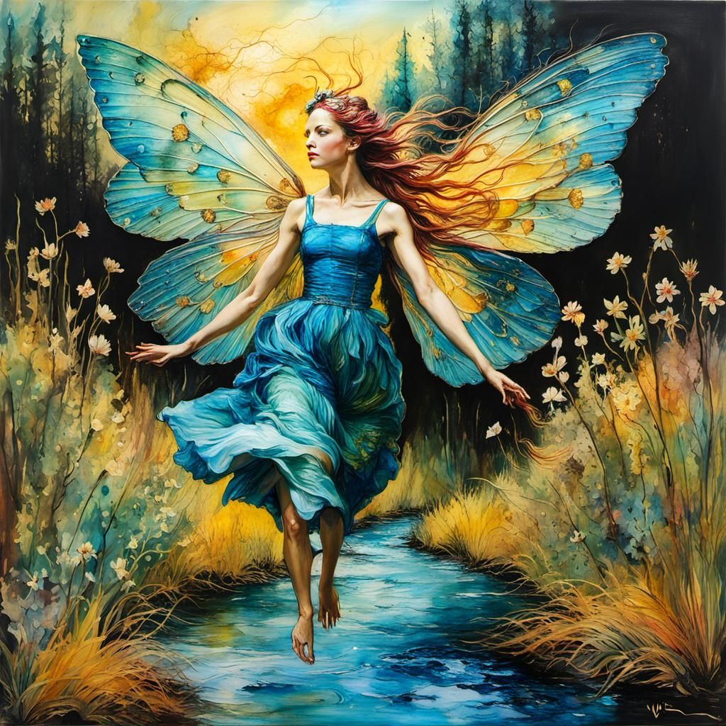 Encaustic Fairy Over Creek in Post-Impressionist Style