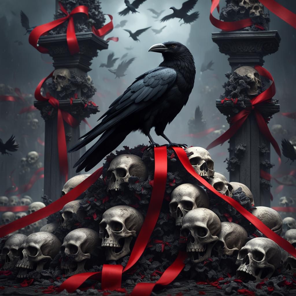 Gothic Crow on Skulls with Red Roses