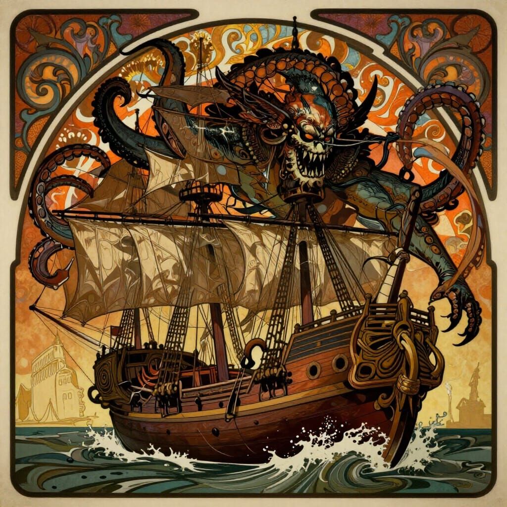 Kraken Attacks Ship in Art Nouveau Style