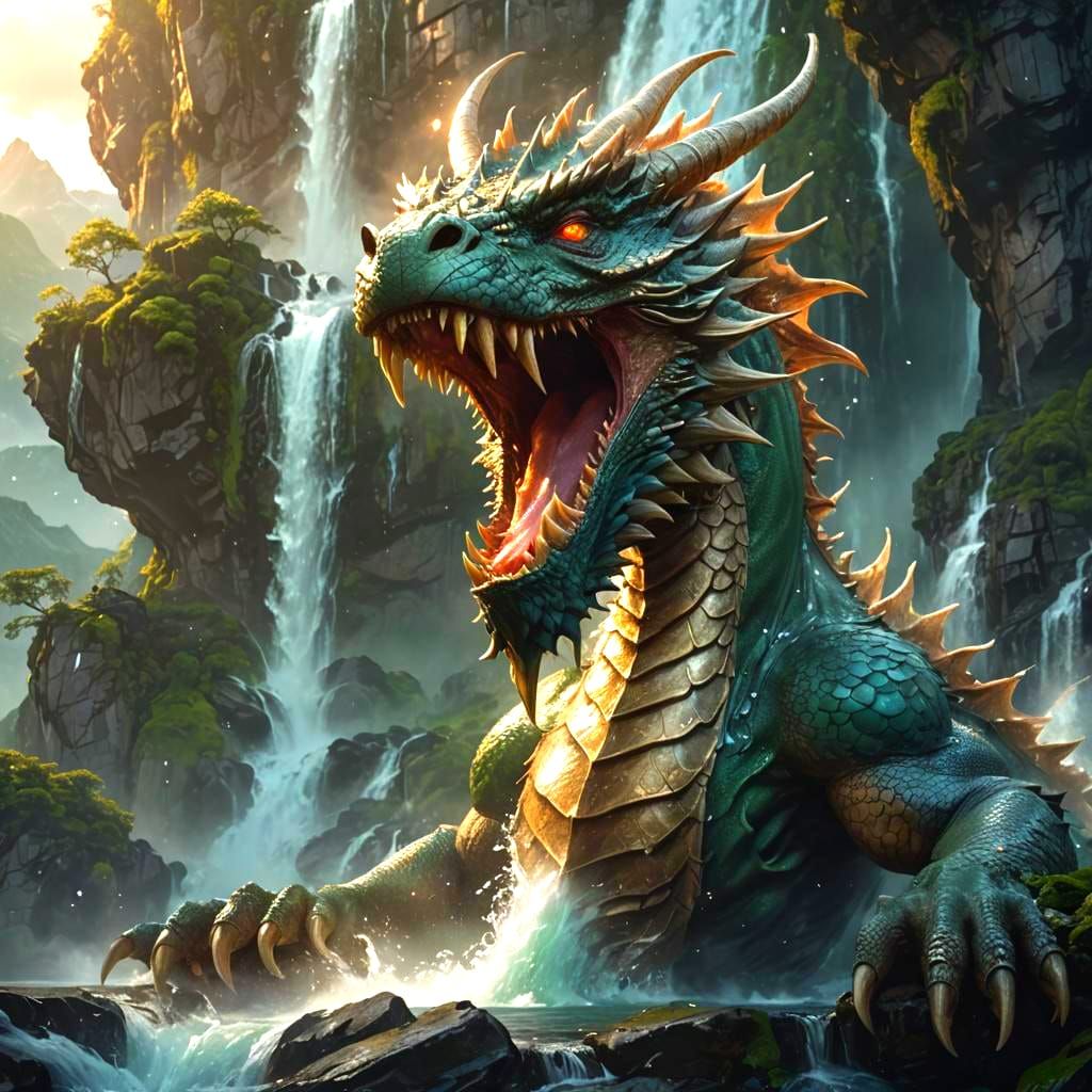 Dragon Bathes in Mountain Sea with Waterfalls