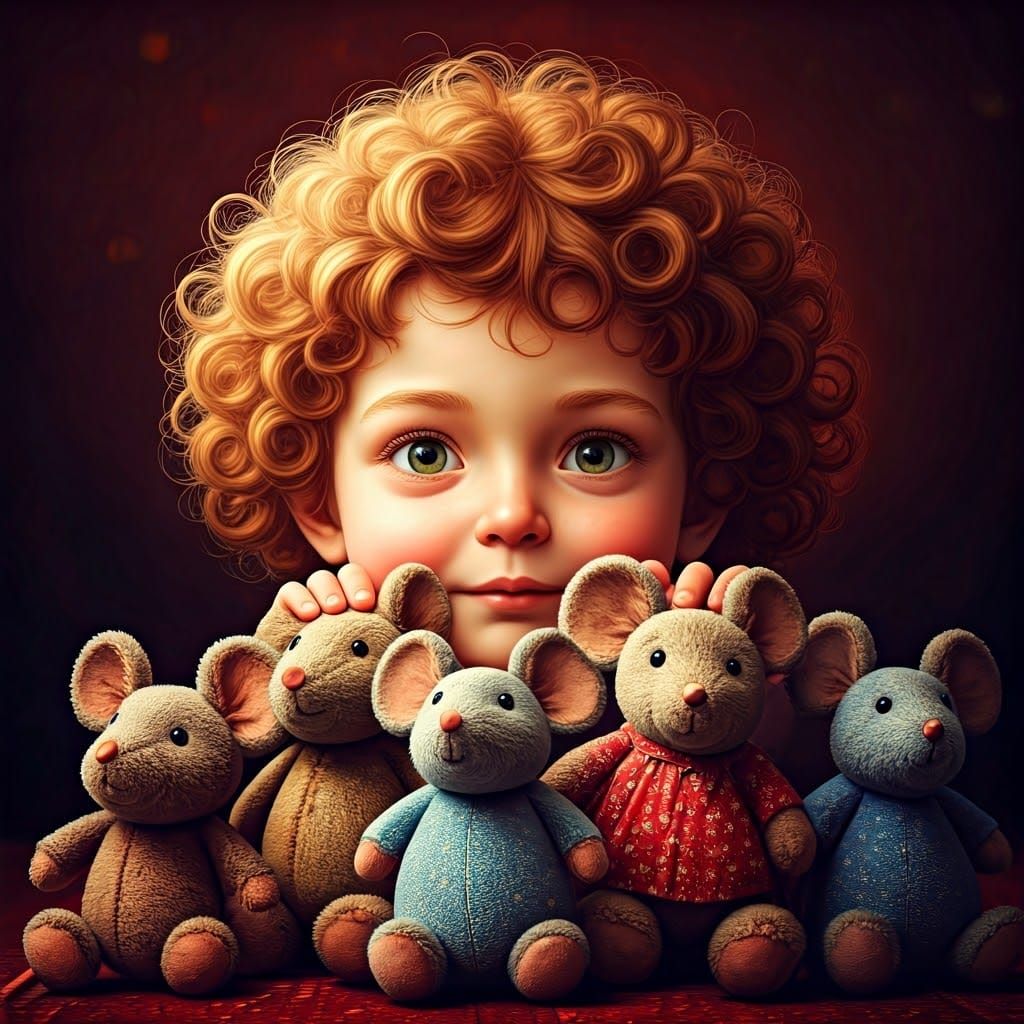 Child with Mouse Teddies in Storybook Style