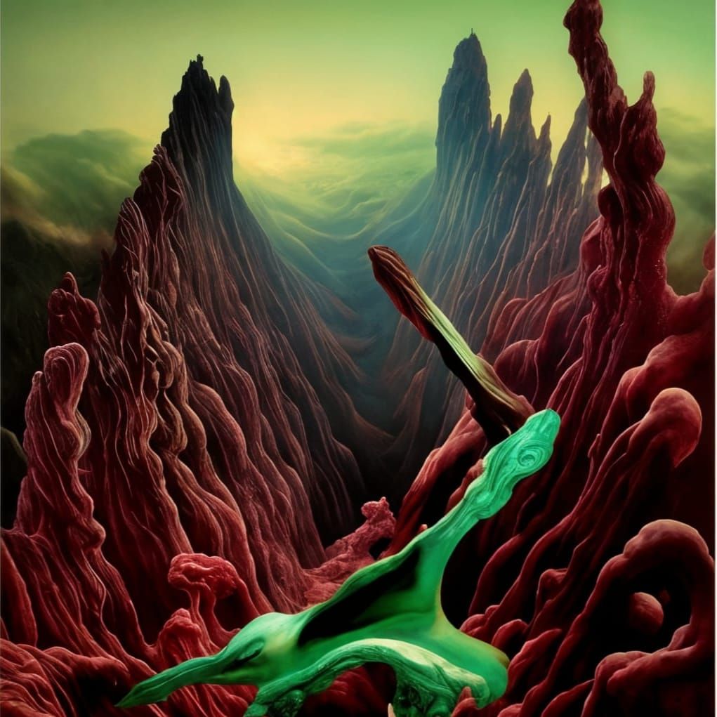 Surreal Malachite Green Scene Inspired by Beksinski