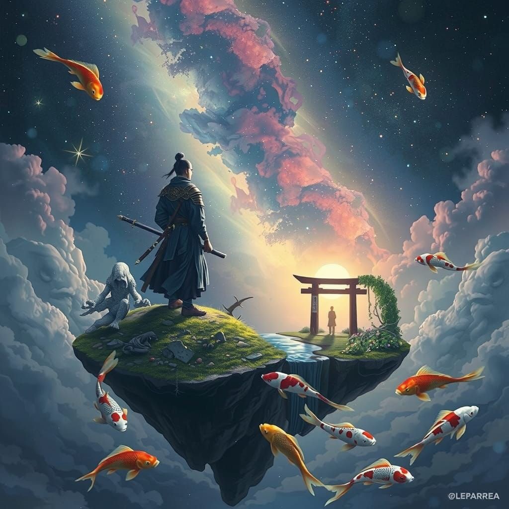 Celestial Samurai Gazing at Nebula in Hyperrealistic Style