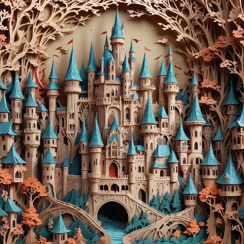 Intricate Kirigami Castle in Fantasy Art Style