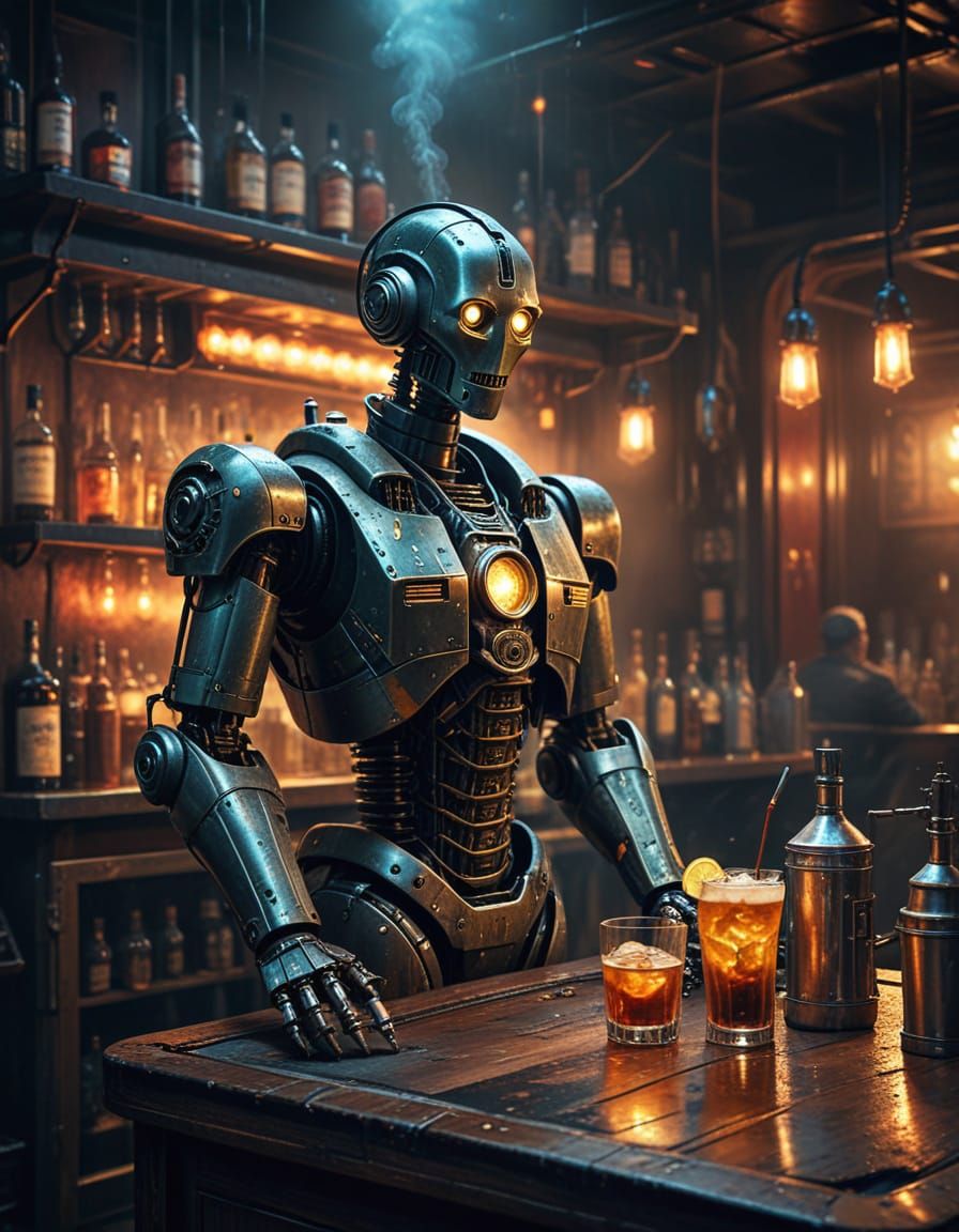 Dieselpunk Robot Bartender in Floating Speakeasy