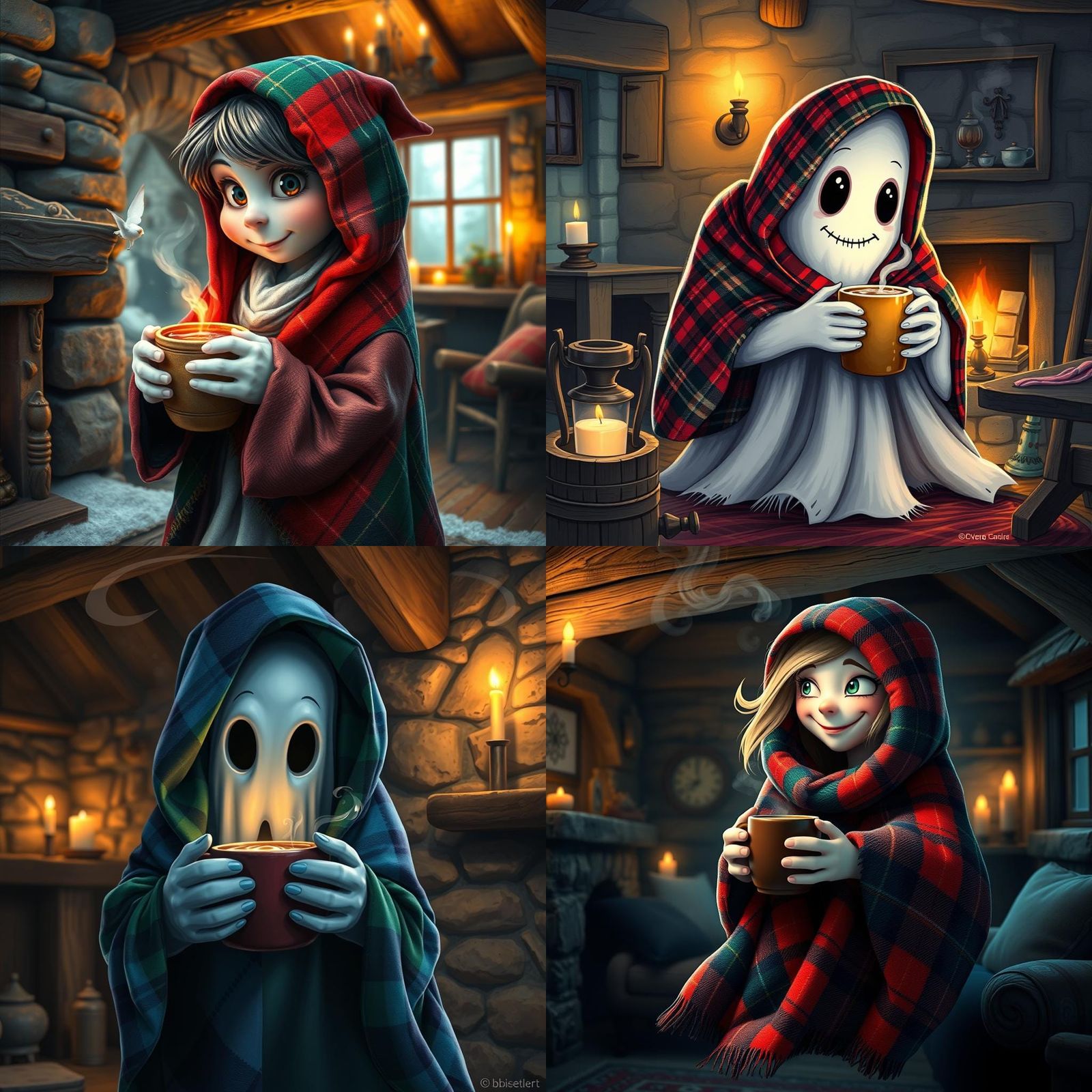 Whimsical Tartan Ghost in Scottish Cottage, Impasto Art