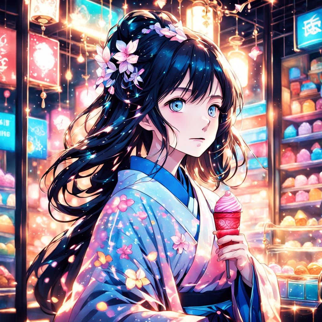 Anime Woman Serves Ice Cream in Whimsical Candy Shop