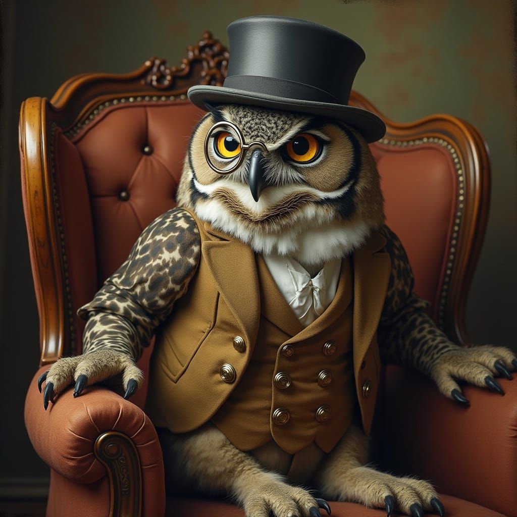 Regal Owl in Top Hat and Vintage Vest, 19th Century Parlour...