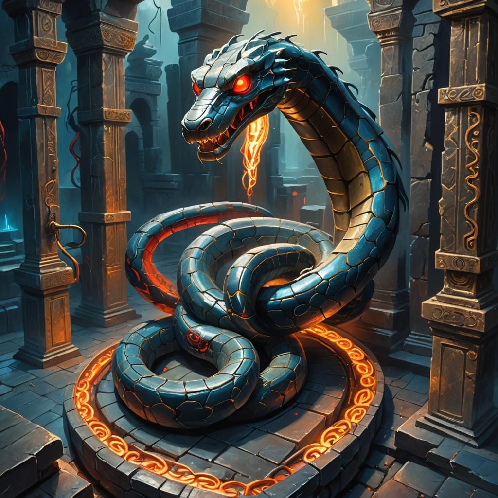Robotic Snake Coiled in Ancient Temple, Fantasy Art