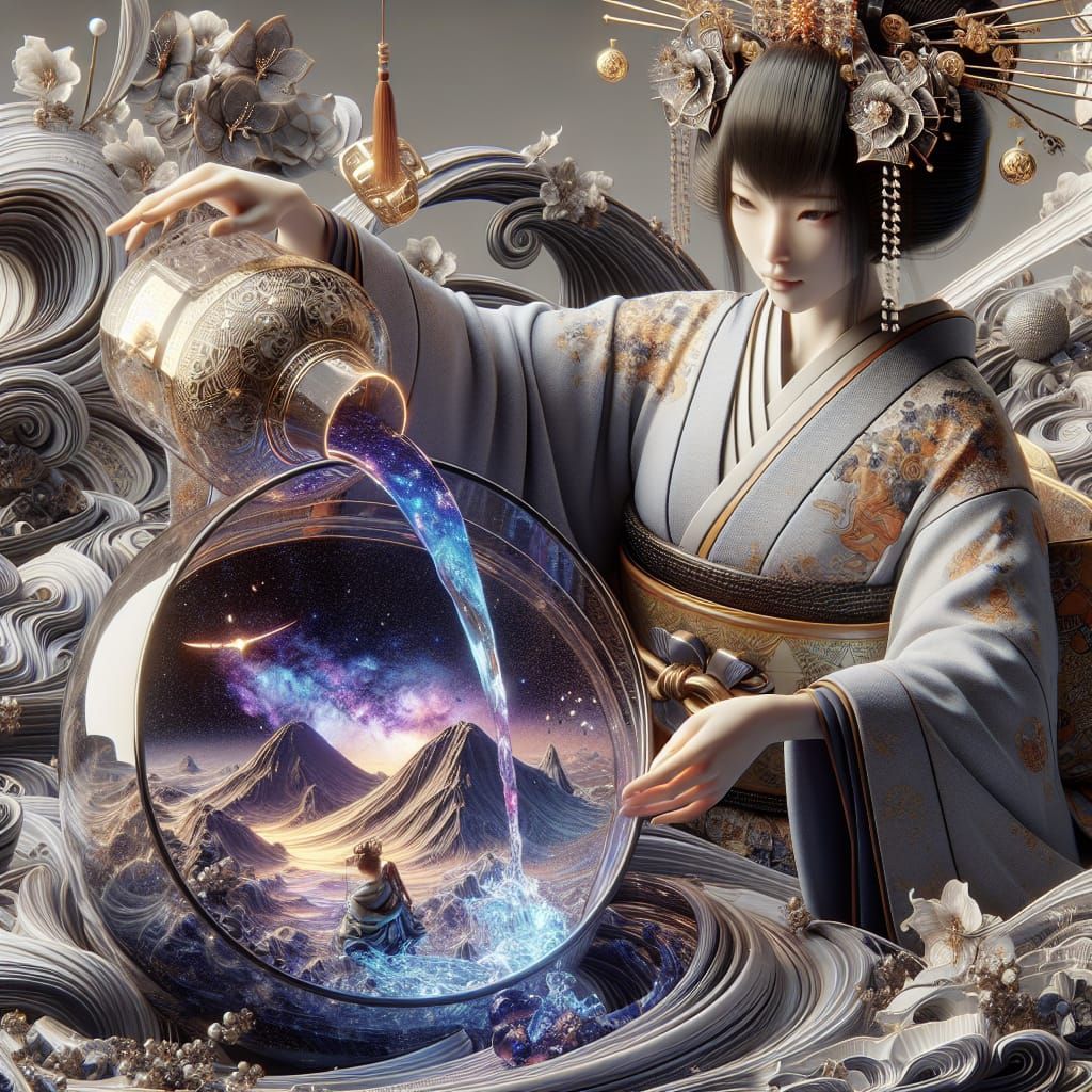 Surreal Geisha Pours Galaxy from Teapot in 3D Anime Style