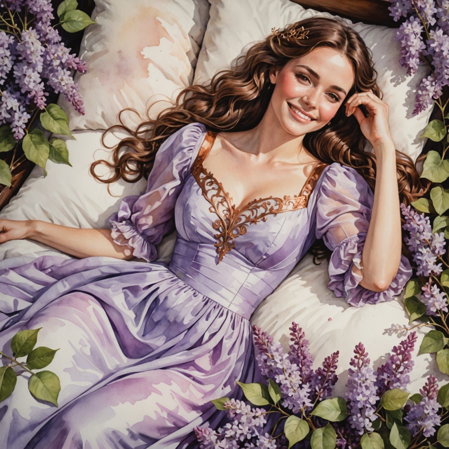 Watercolor Woman in Lilac Dress on Lilac Bed