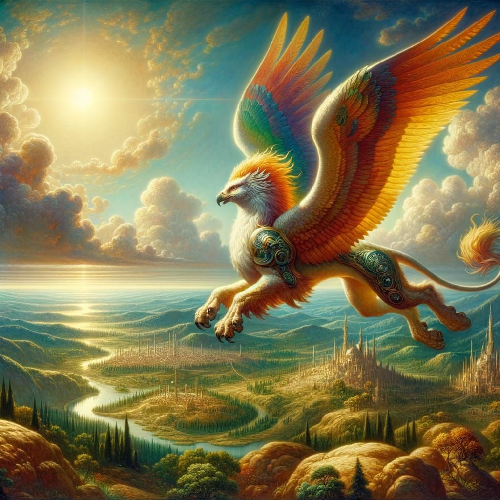 Griffin Soaring Over Kingdom in Oil Painting Style