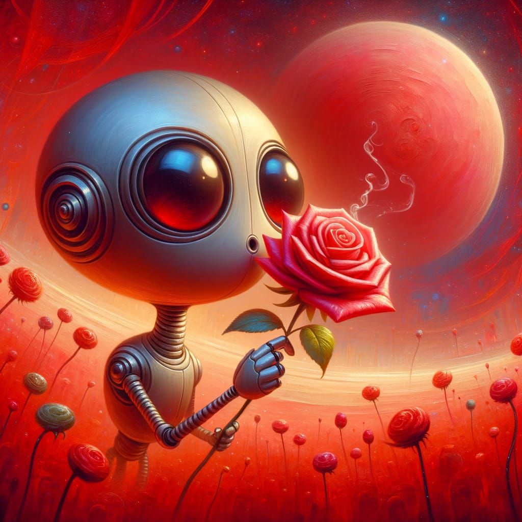 Elongated Robot Inhaling Rose Scent on Crimson Planet