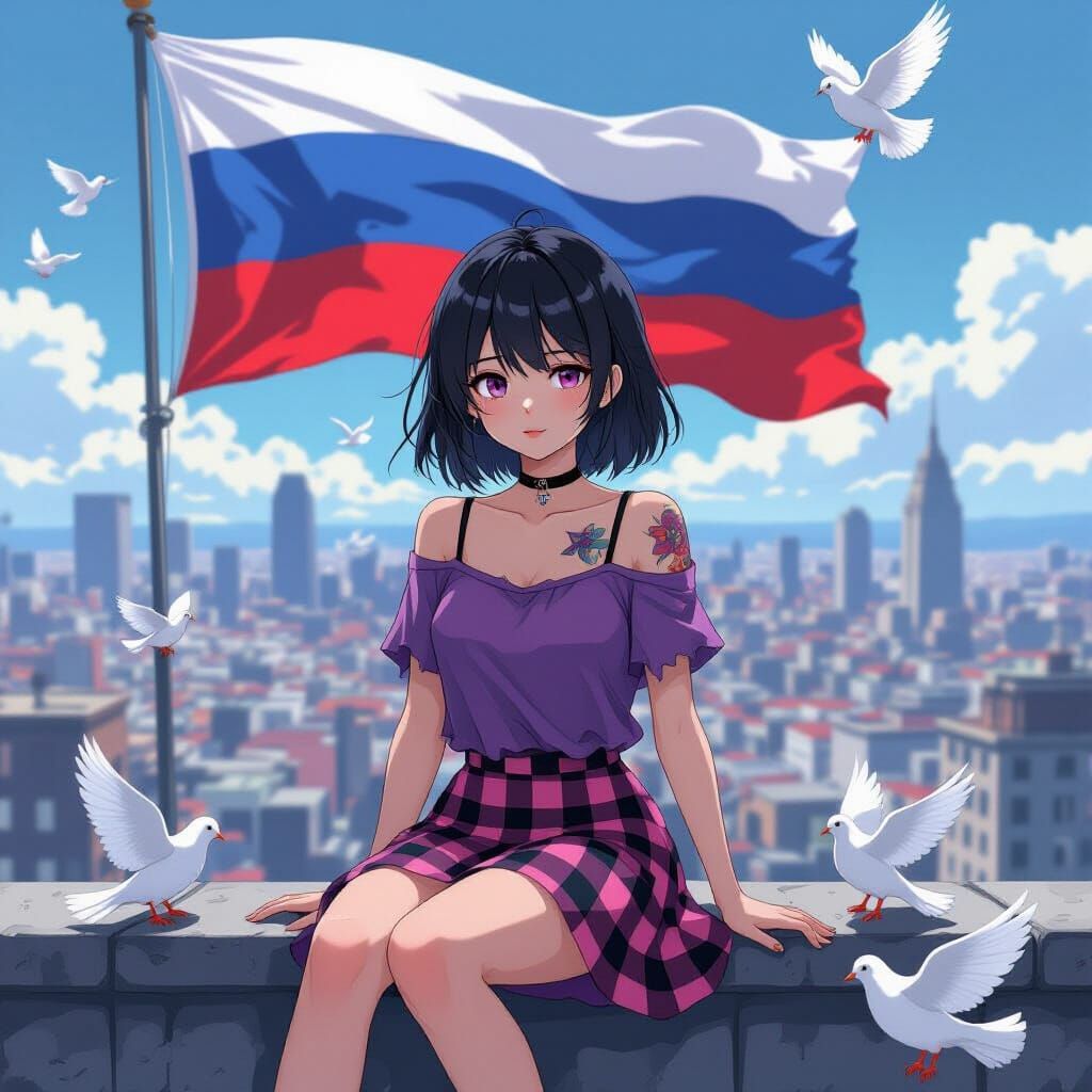 Emo Anime Girl Overlooking Cityscape in Manga Style