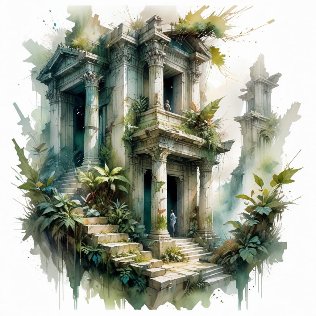 Ancient Temple in Whimsical Watercolour Style