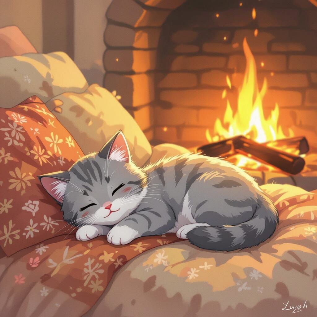 Peaceful Kitten by Fireplace in Anime Art Style