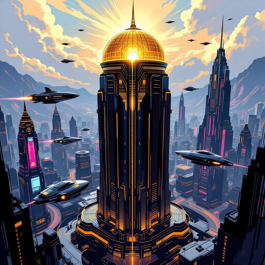 Wakandan Skyscraper with Golden Vibranium Dome, Futuristic C...