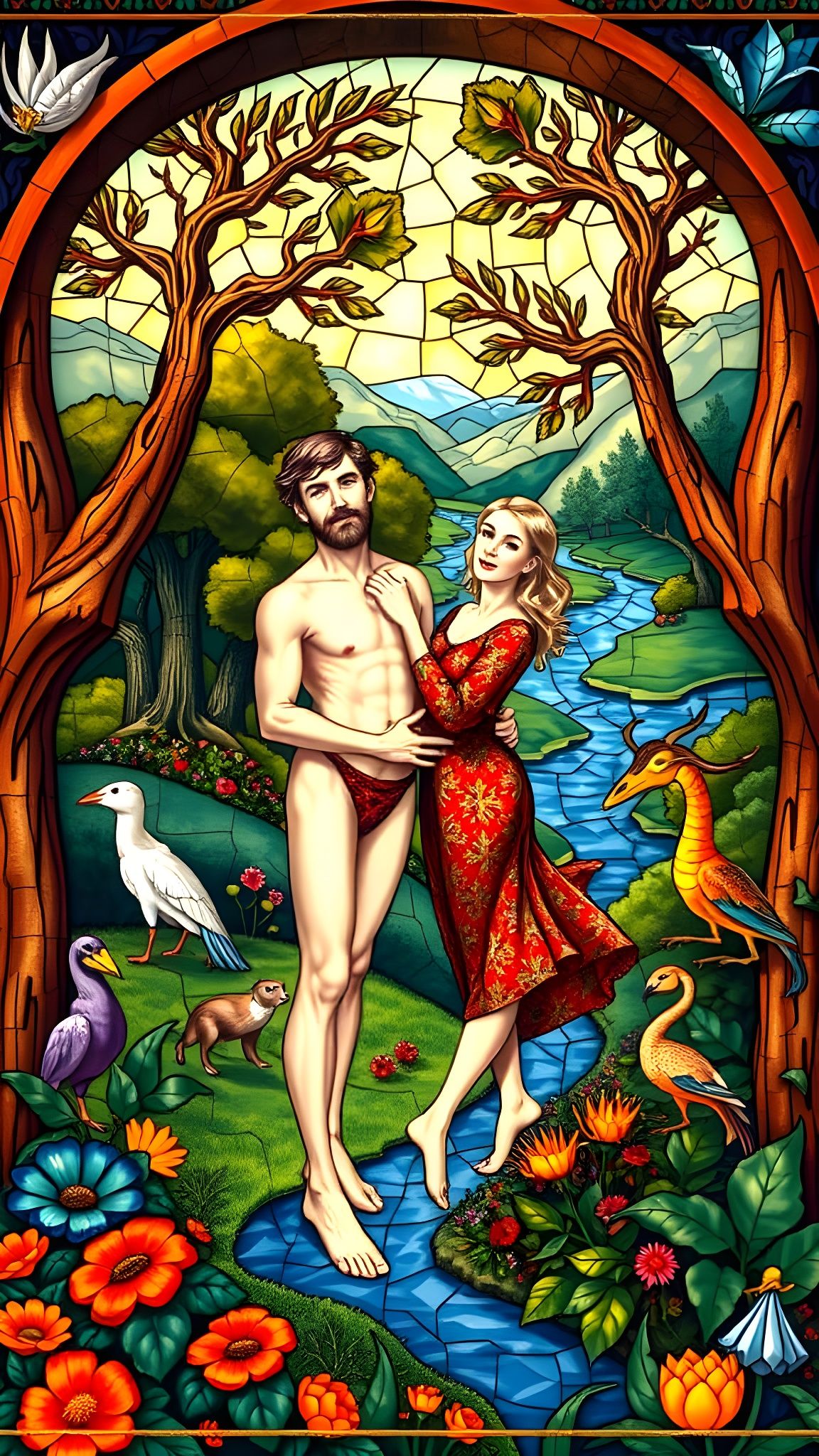 Medieval Adam and Eve in Vibrant Garden of Eden Scene