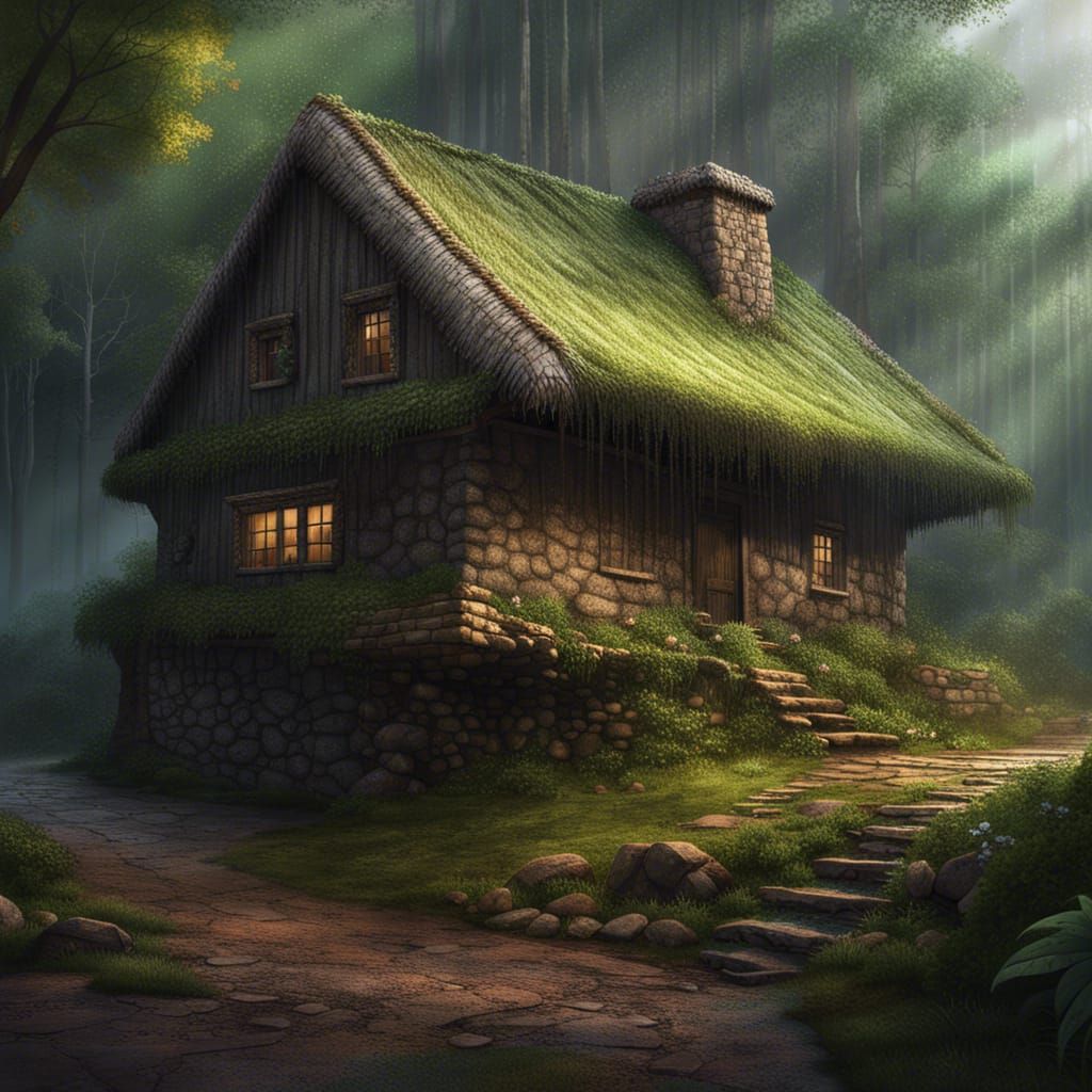 Ancient Rock House in Rainy Forest: Hyperrealistic Splash Ar...
