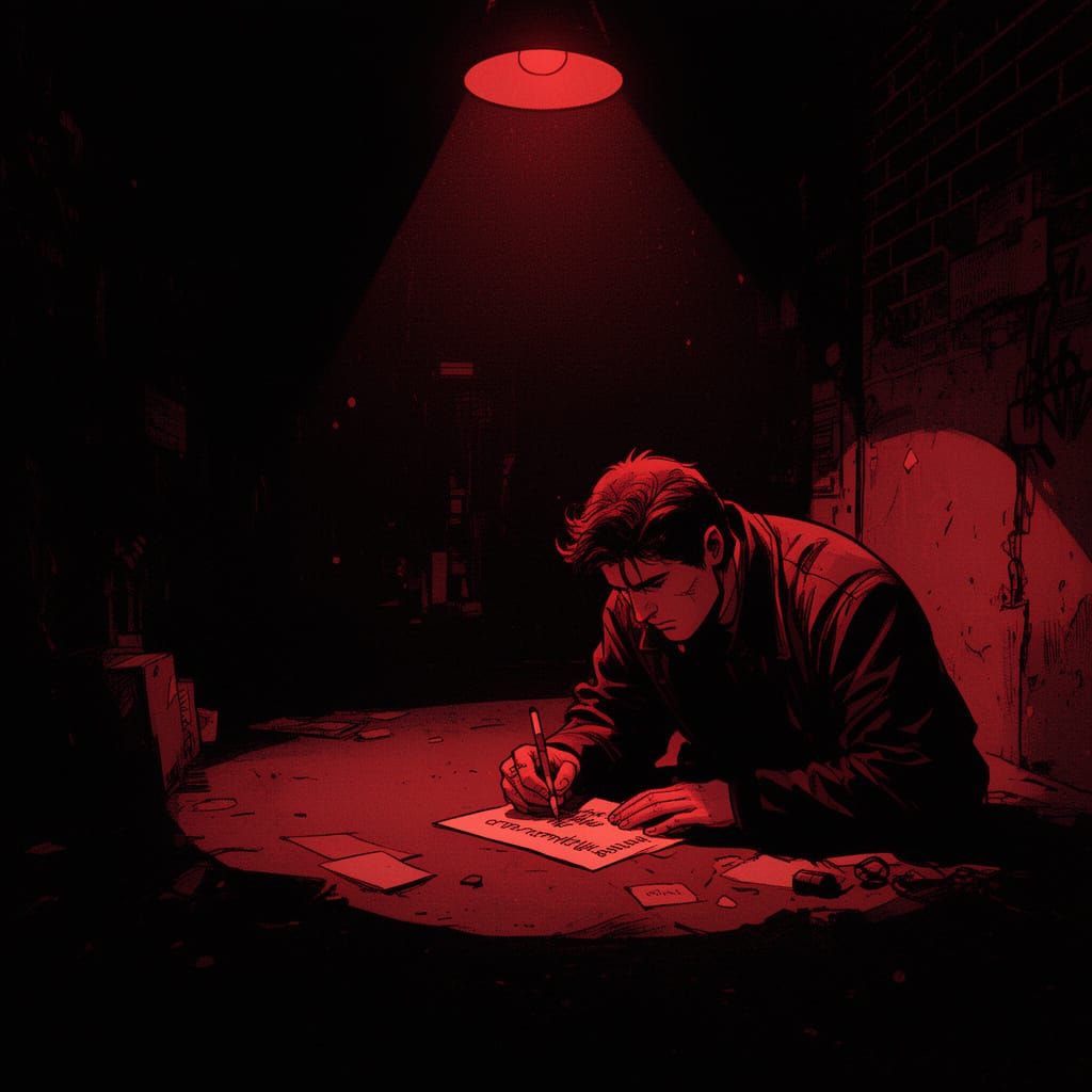 Neo Noir Artist Writing Lyrics in Dramatic Shadows