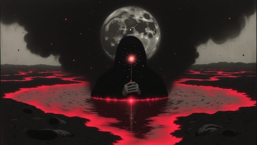 Ethereal Black Moon Reflected in Crimson Waters