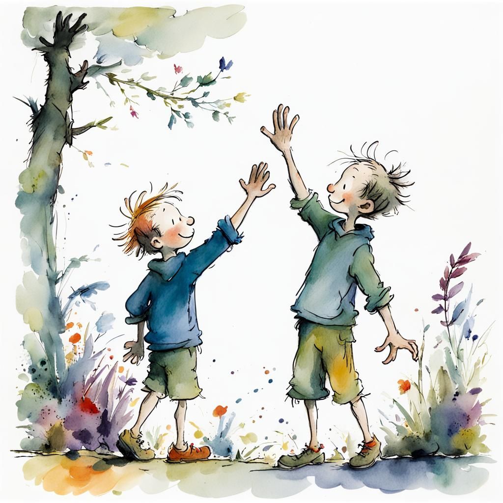 Boys High Five in Quentin Blake Style